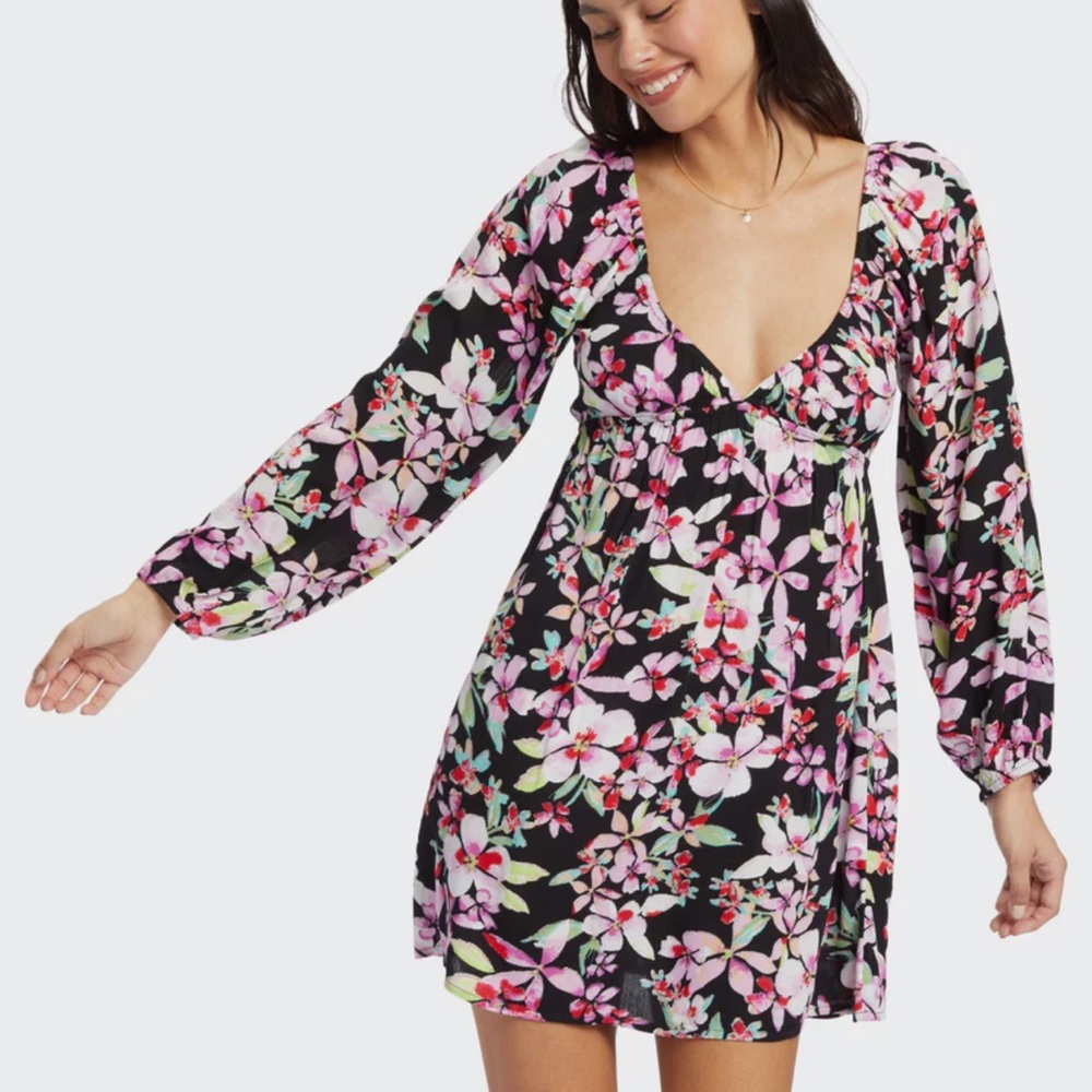 Roxy Sweetest Shores Mini Dress Womens Size XL Black Pink Floral Long Sleeve Y2K